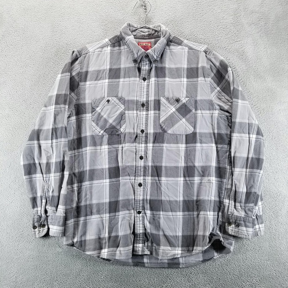 VTG Big Mac Shirt Mens Large Gray Plaid Flannel Workwear Button Down Long Sleeve